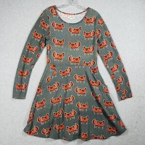 L.A. Soul Women S‎ Teal Orange Fox Print Skater Dress Long Sleeve Pockets EUC